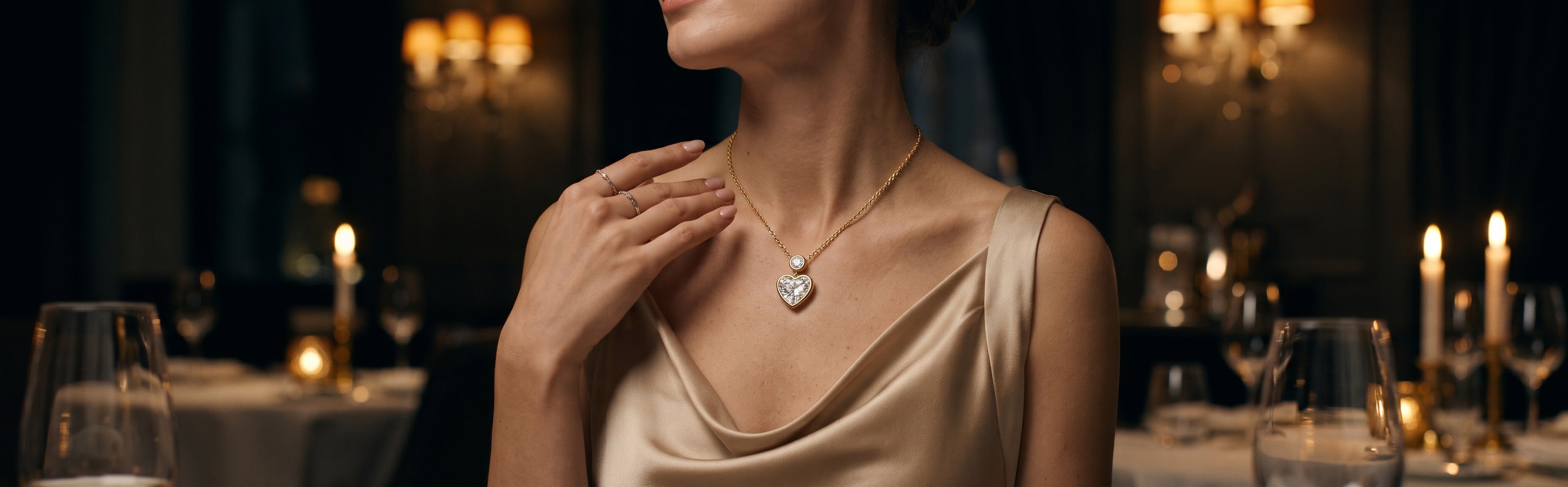 Ultra-realistic luxury jewelry editorial banner featuring an elegant woman preparing for a romantic evening