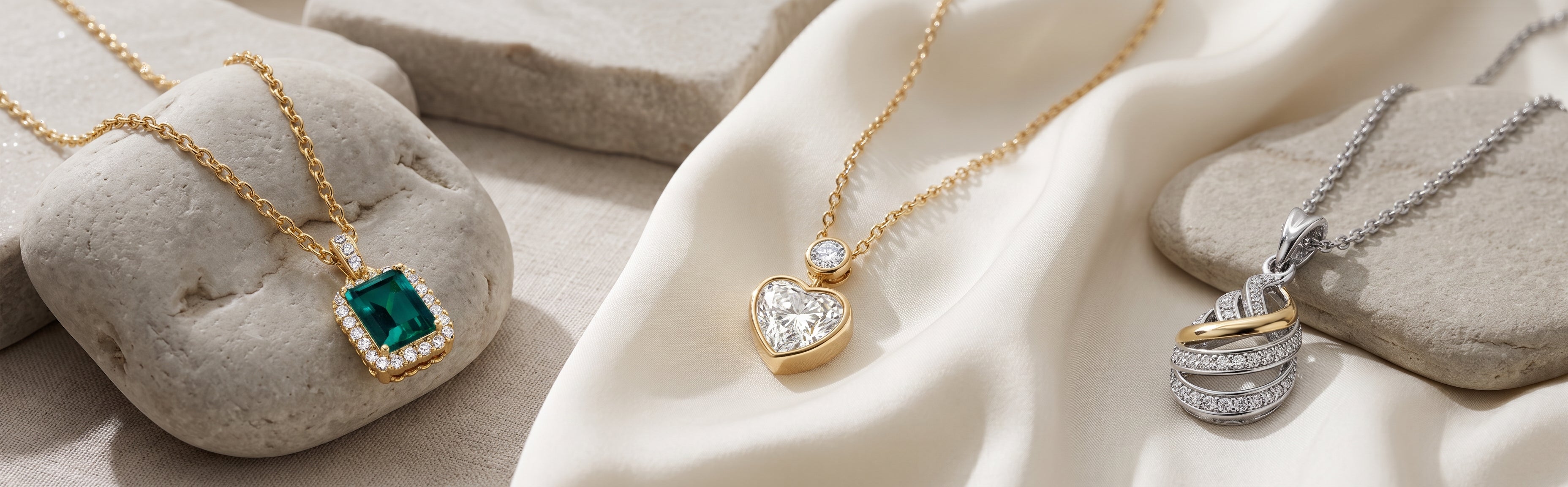 Ultra-realistic luxury jewelry editorial banner featuring three elegantly spaced minimalist necklaces displayed on smooth light gray stone and ivory silk
