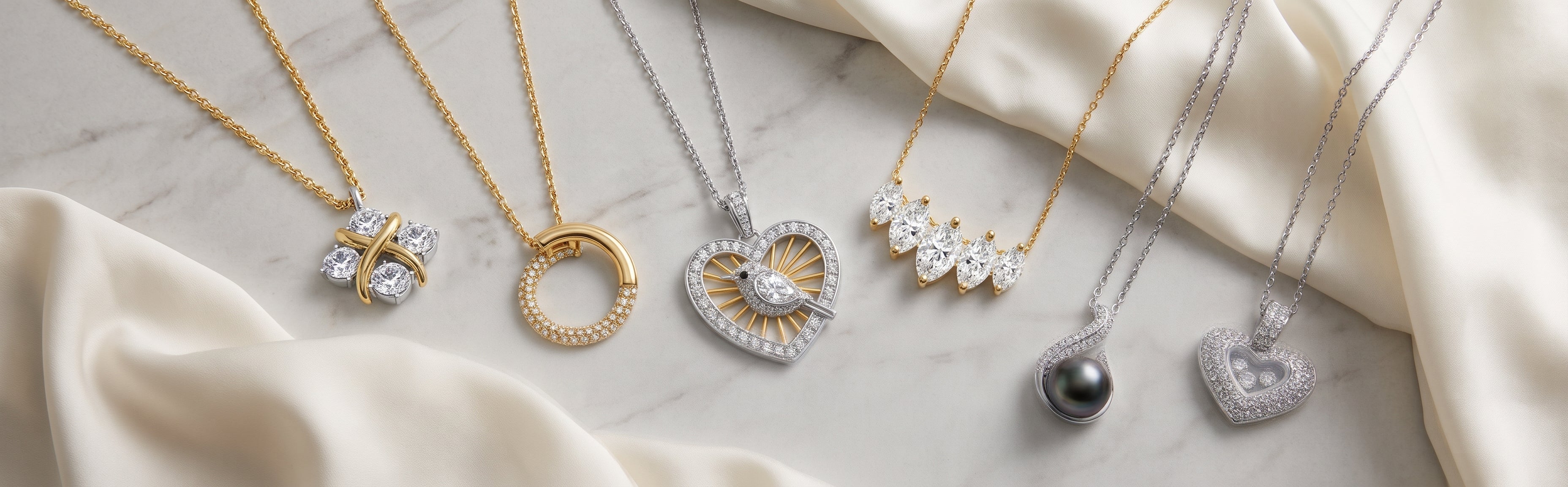 Ultra-realistic luxury jewelry editorial banner showcasing a thoughtfully curated timeless jewelry collection arranged neatly on a smooth light-gray marble surface