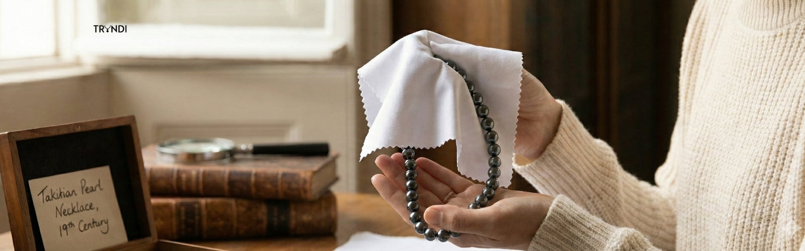 Women taking care of pearl neckalce