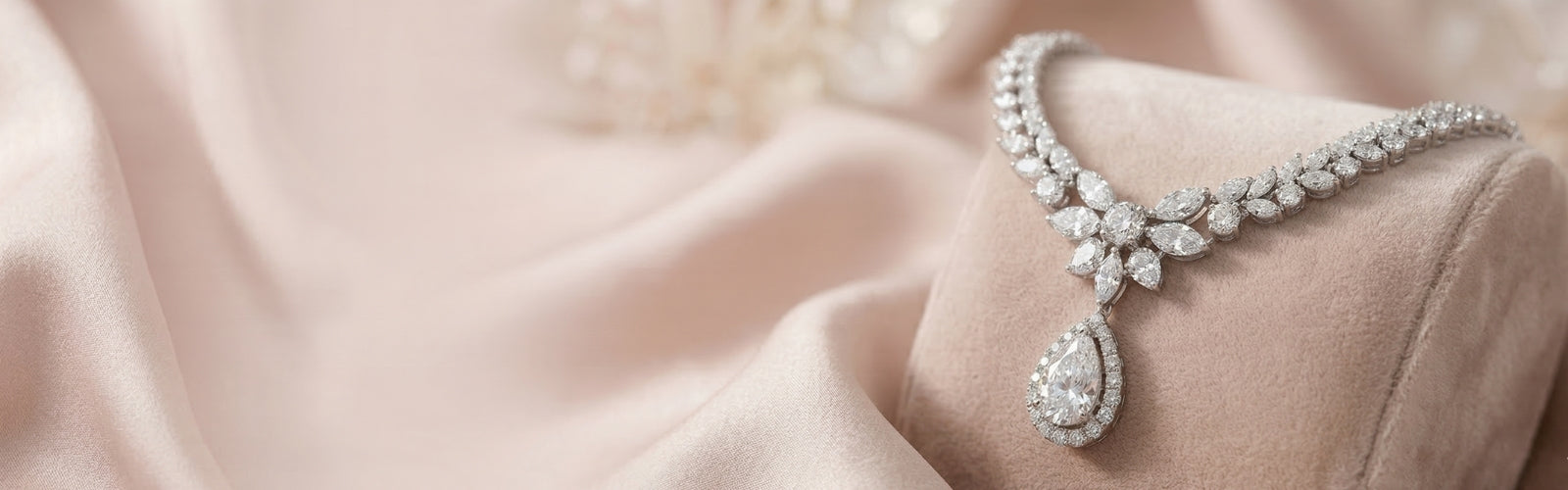 modern jewelry banner showing a sparkling diamond necklace on a soft neutral background with luxury brand aesthetic