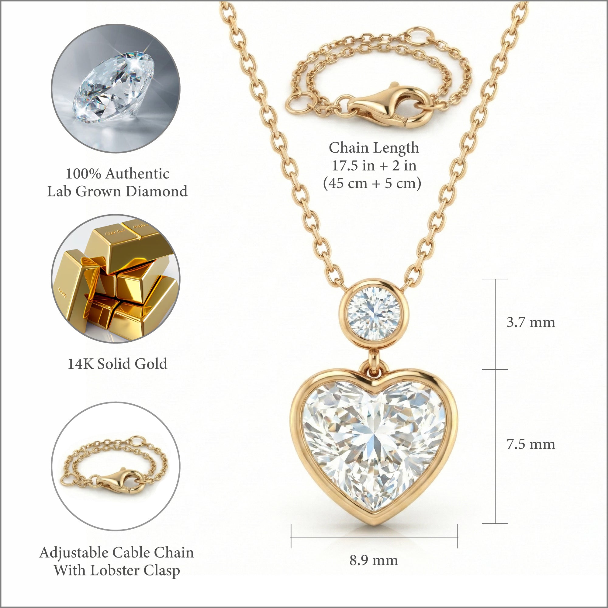 14K Solid Gold Heart Lab-Grown Diamond Necklace