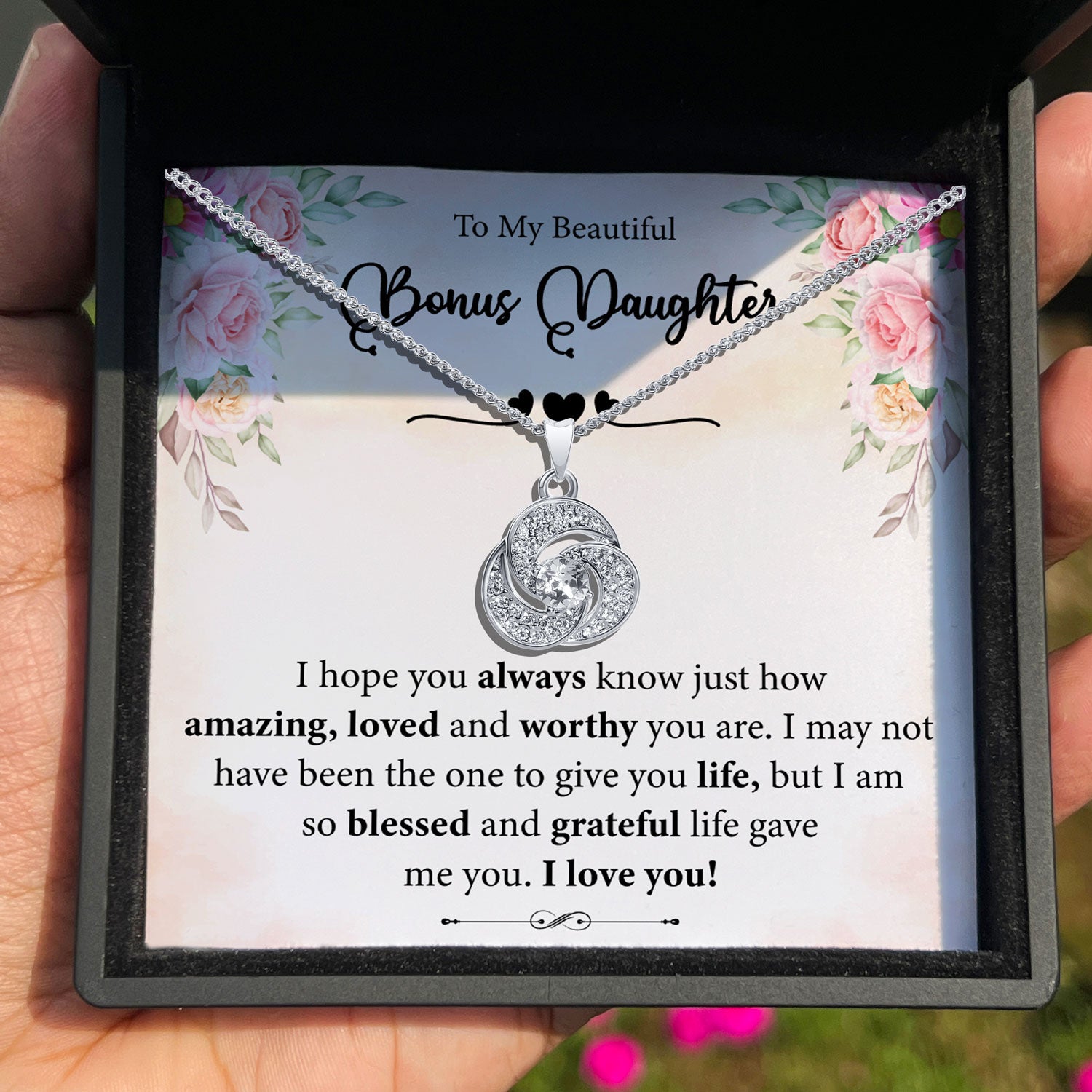 To My Beautiful Bonus Daughter - I Love You! - Tryndi Love Knot Necklace