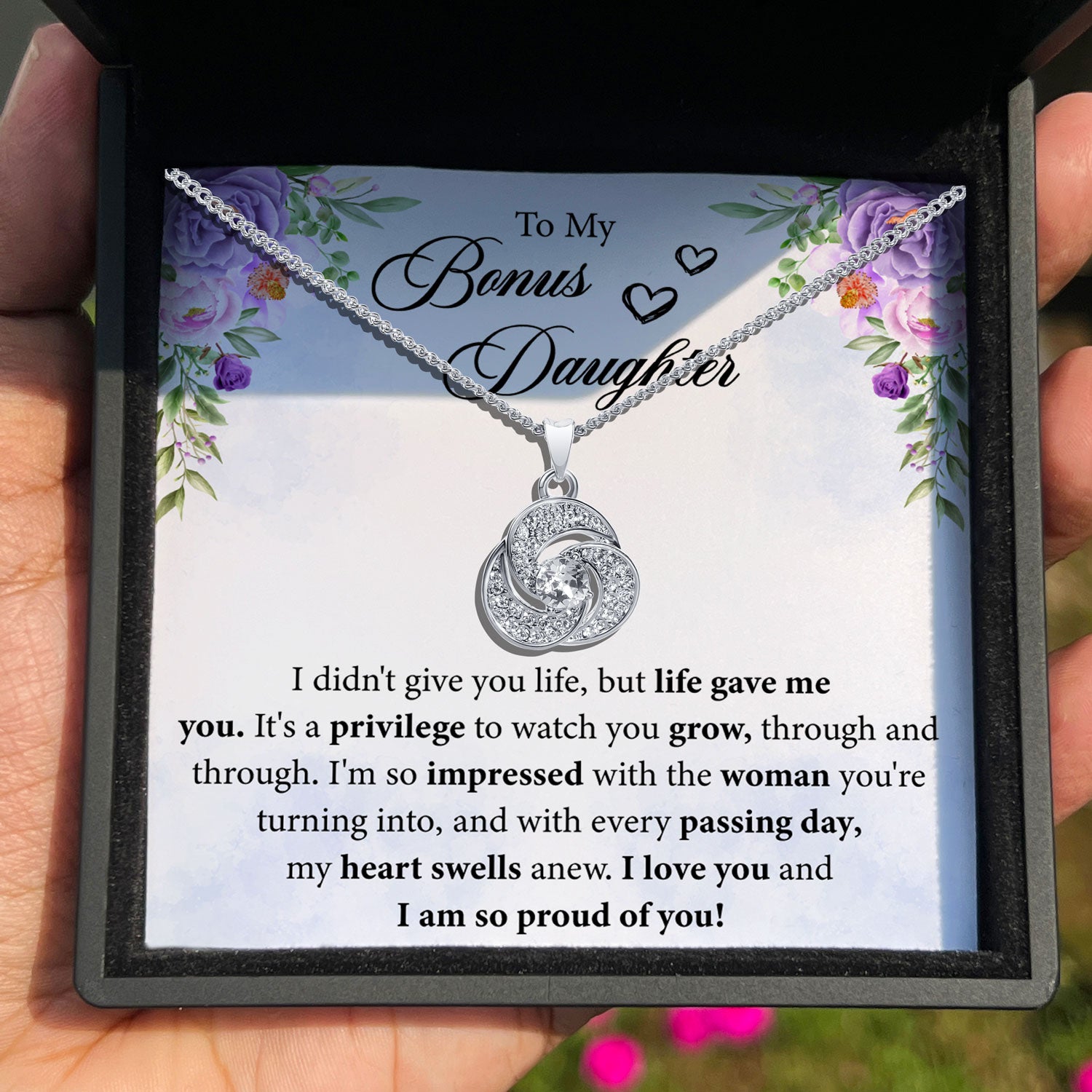 To My Bonus Daughter - I am So Proud of You - Tryndi Love Knot Necklace