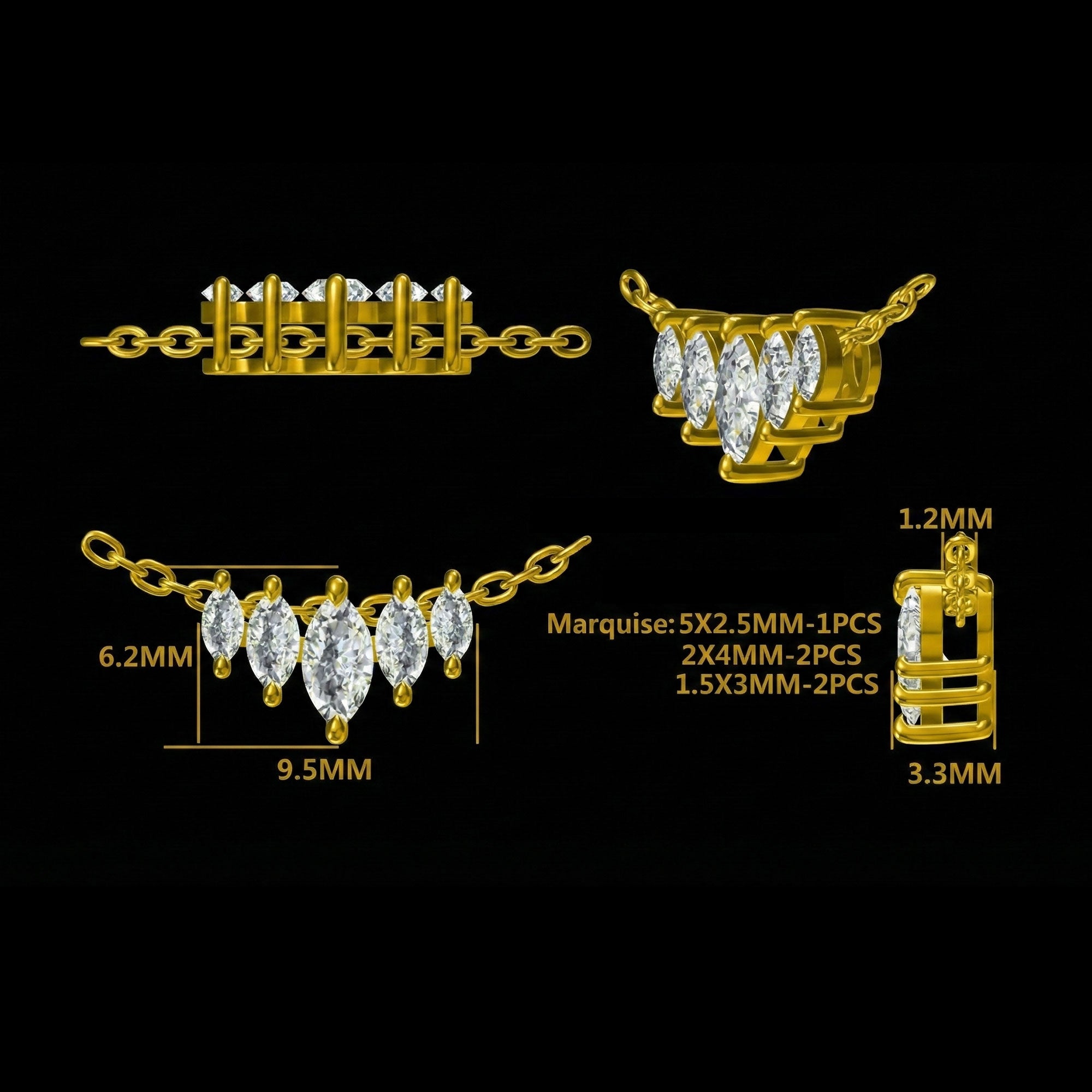 TRYNDI 14K Solid Gold Lab Grown Diamond Marquise Necklace