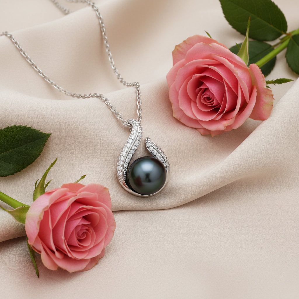 TRYNDI Real Tahitian Black Pearl Hook Necklace