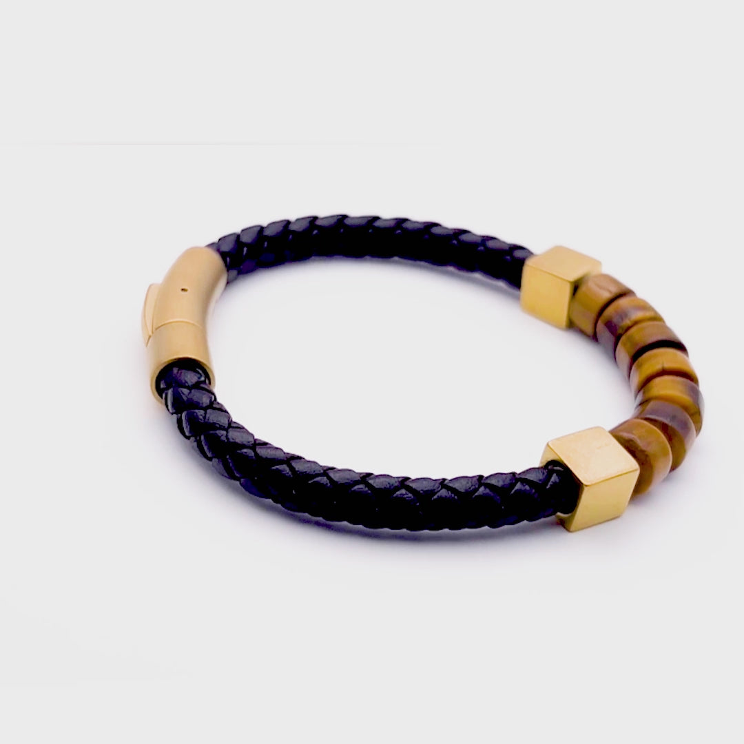 To my Husband You Are My Soulmate - Premium Tiger’s Eye Woven Black Italian Leather & Gold Stainless Steel Cubed Bracelet for Men