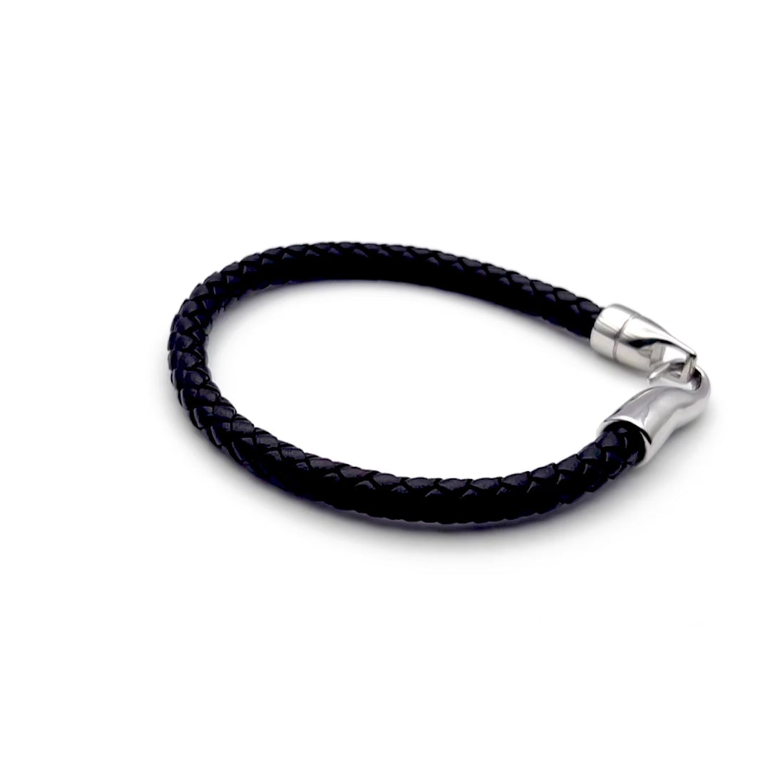 Premium Stainless Steel Hook Black Italian Leather Woven Bracelet for Men