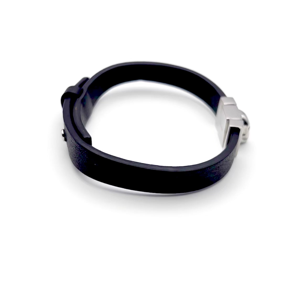 Premium Stainless Steel Skull Grooved Clasp Black Italian Leather Bracelet for Men