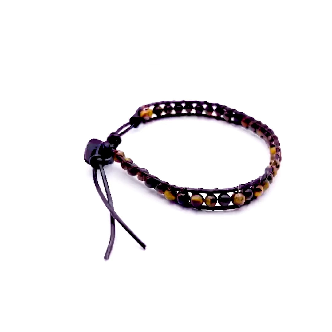 Premium Tiger’s Eye Bead Double Layer Black Italian Leather Adjustable Bracelet for Men
