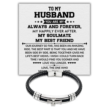 To my Husband You Are My Always and Forever - Premium Stainless Steel Celtic Cross Black Italian Leather Bracelet