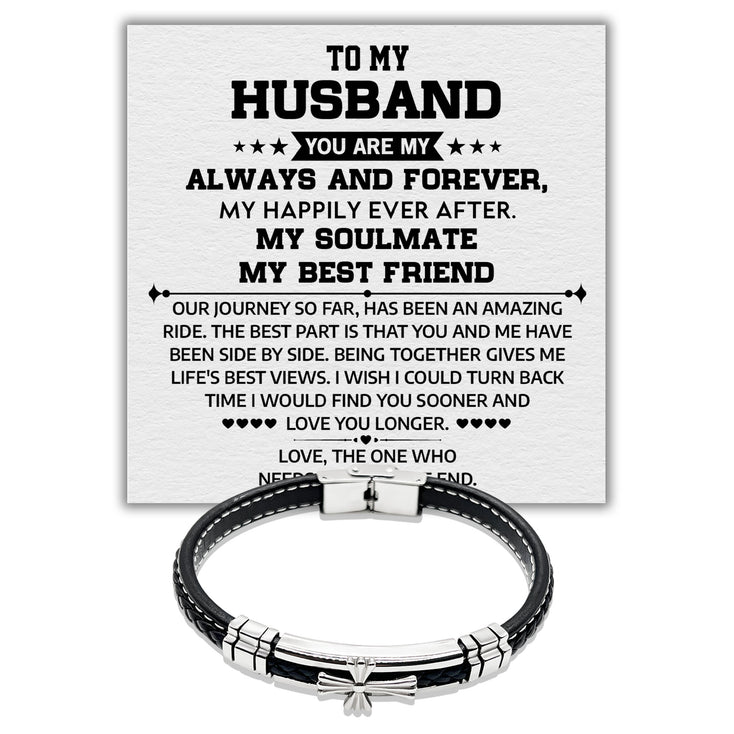 To my Husband You Are My Always and Forever - Premium Stainless Steel Celtic Cross Black Italian Leather Bracelet