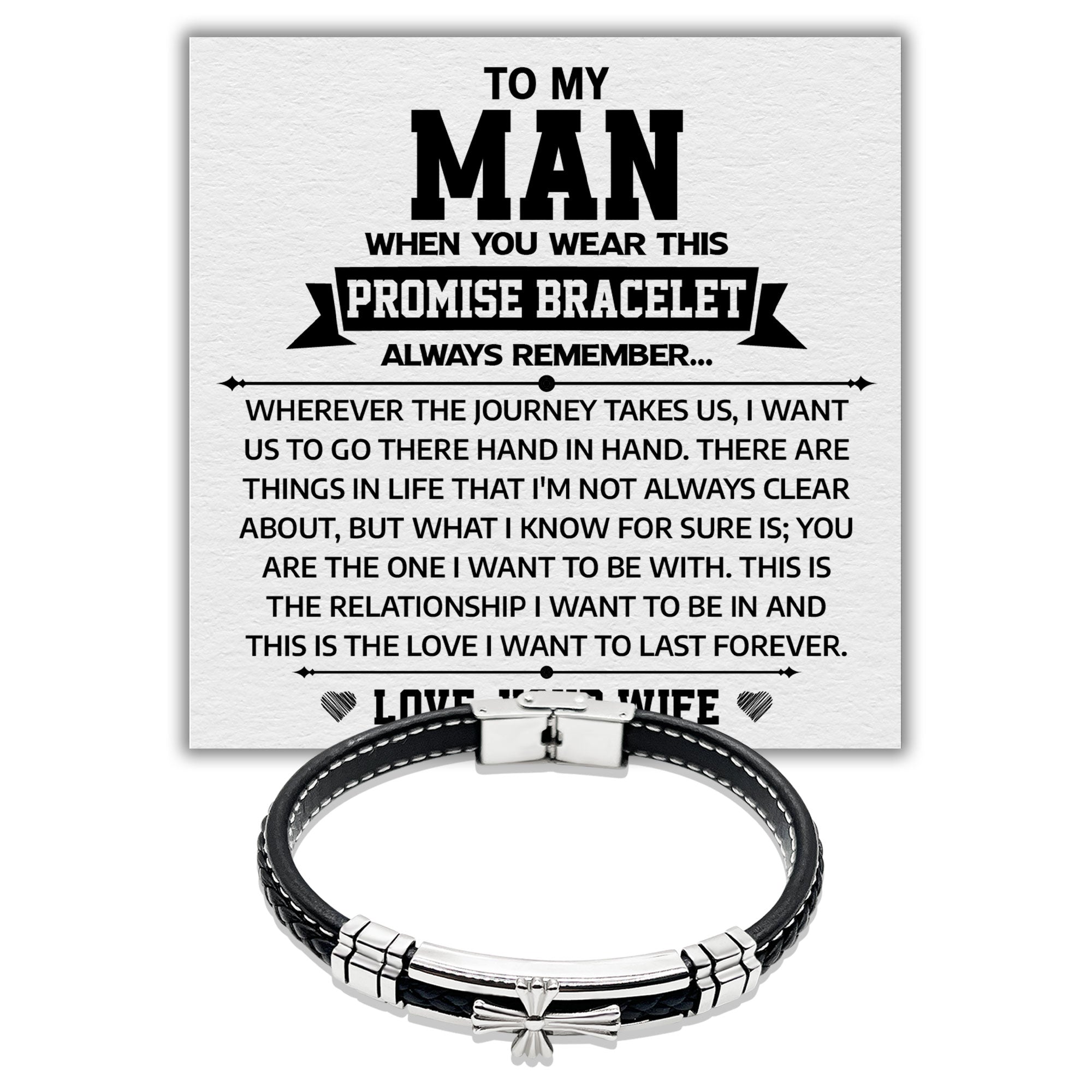 To my Man Love, Your Wife - Premium Stainless Steel Celtic Cross Black Italian Leather Bracelet
