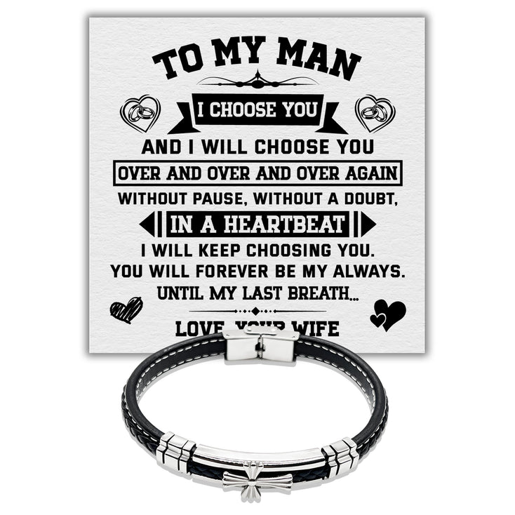 To my Man - Premium Stainless Steel Celtic Cross Black Italian Leather Bracelet