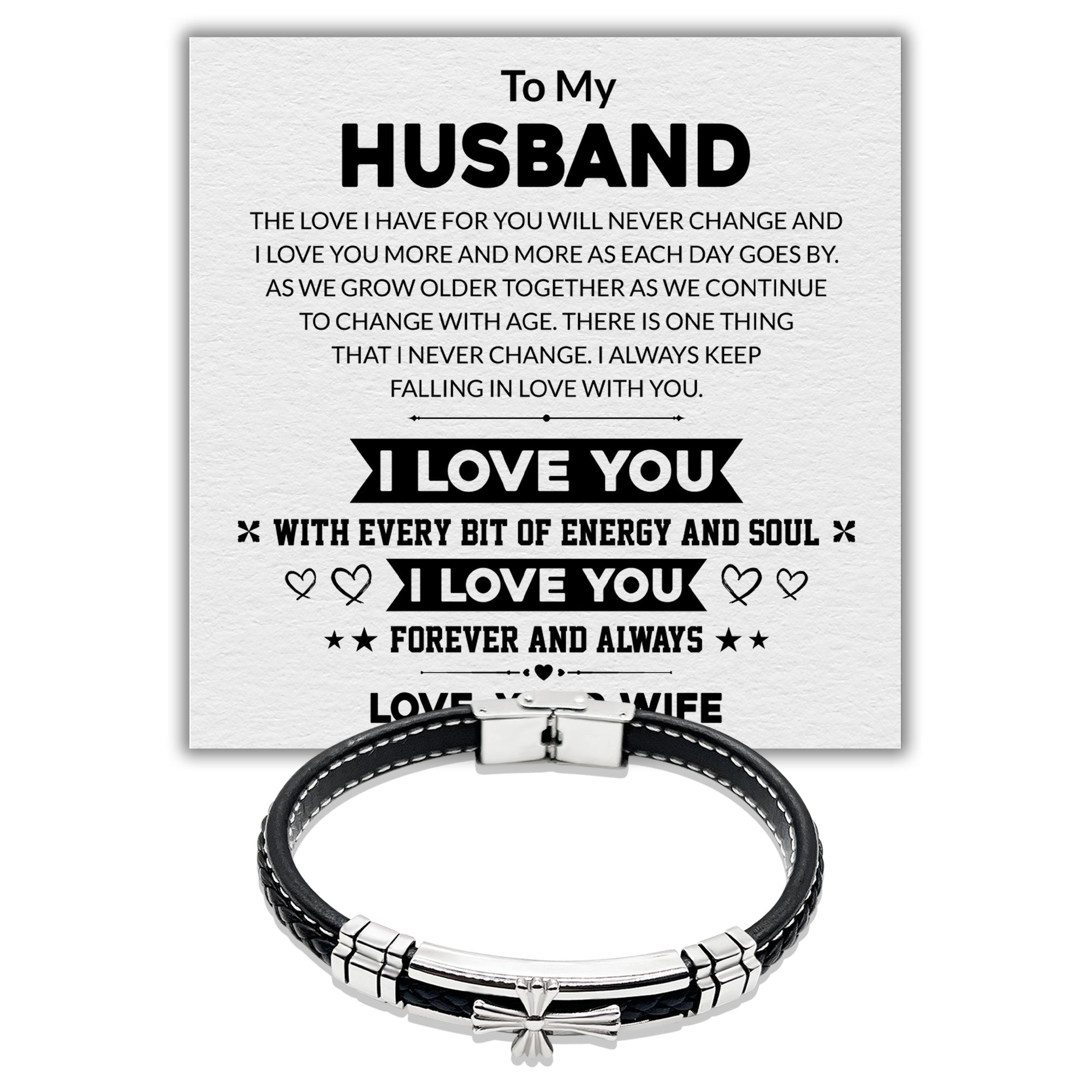 To my Husband I Love You Forever and Always - Premium Stainless Steel Celtic Cross Black Italian Leather Bracelet