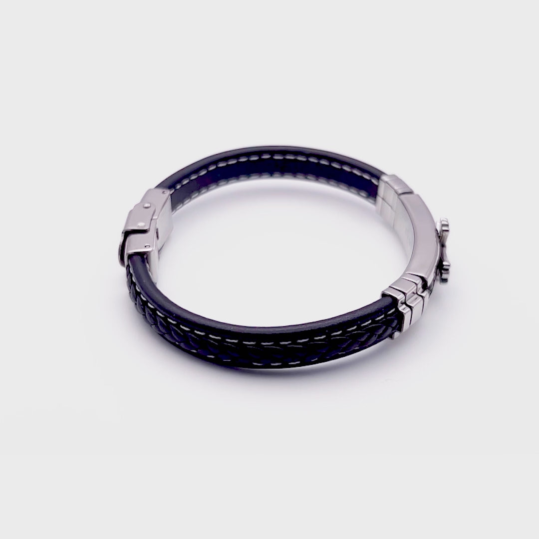 Premium Stainless Steel Celtic Cross Black Italian Leather & White Stitch Bracelet for Men