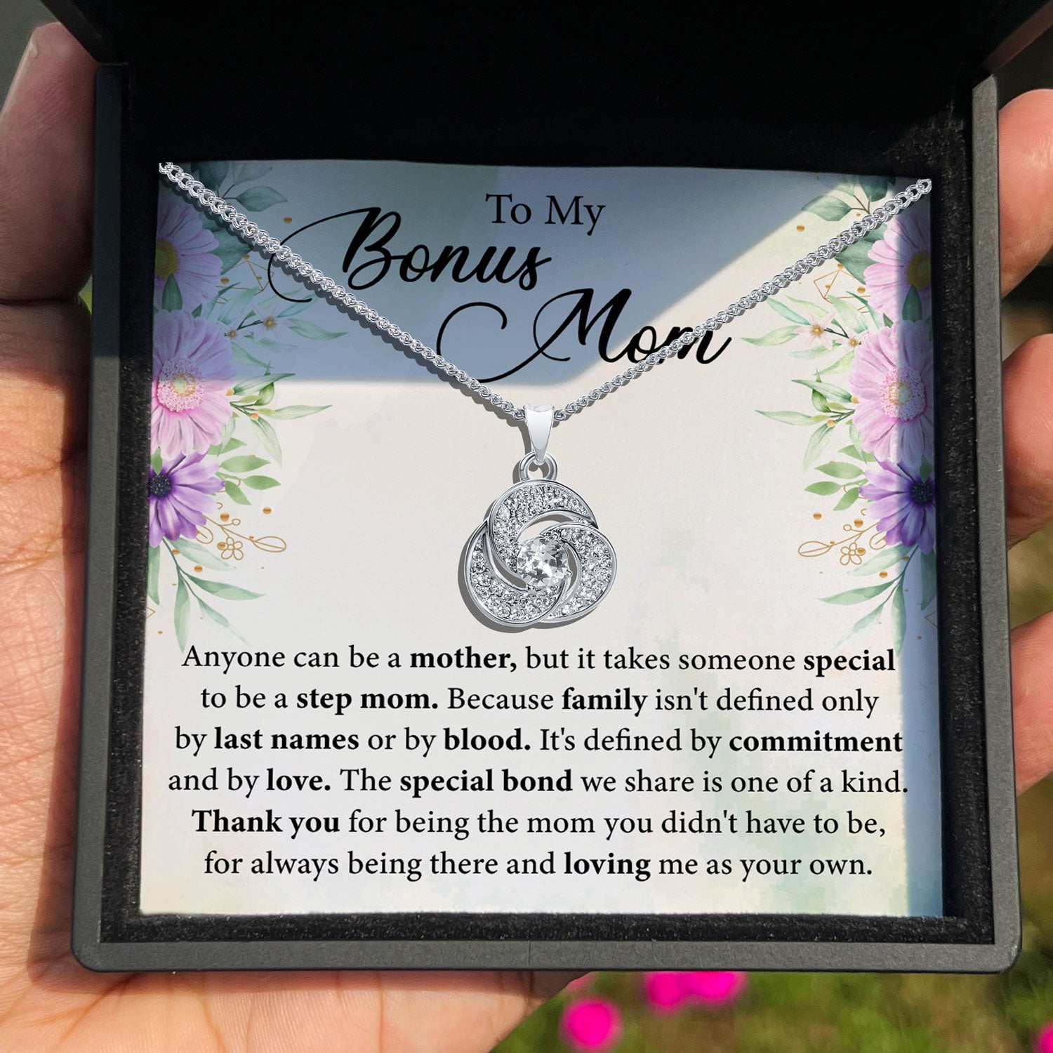 TRYNDI™ To My Bonus Mom Love Knot Necklace With Authentic Swarovski Crystals