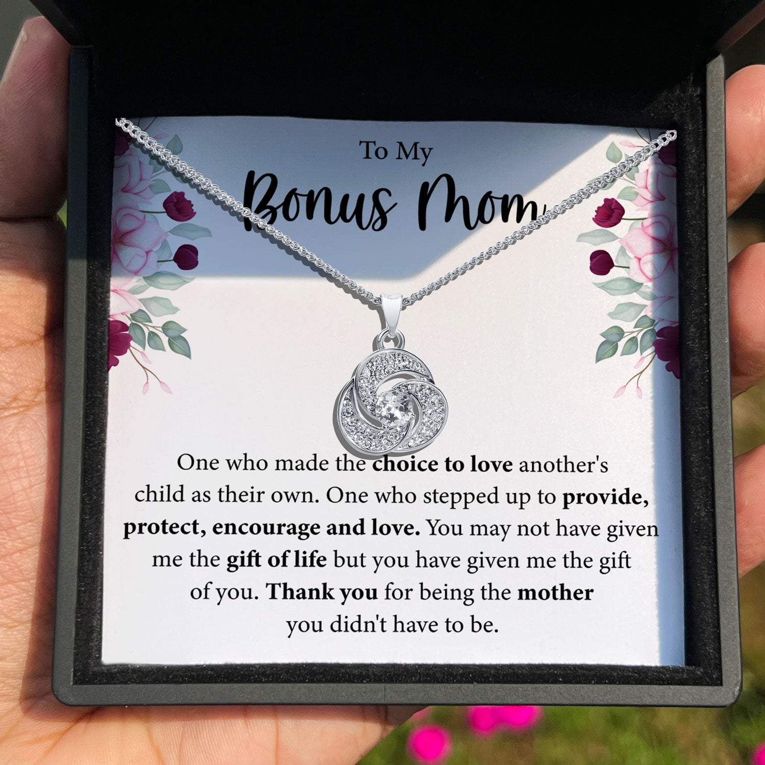 TRYNDI™ To My Bonus Mom Love Knot Necklace With Authentic Swarovski Crystals
