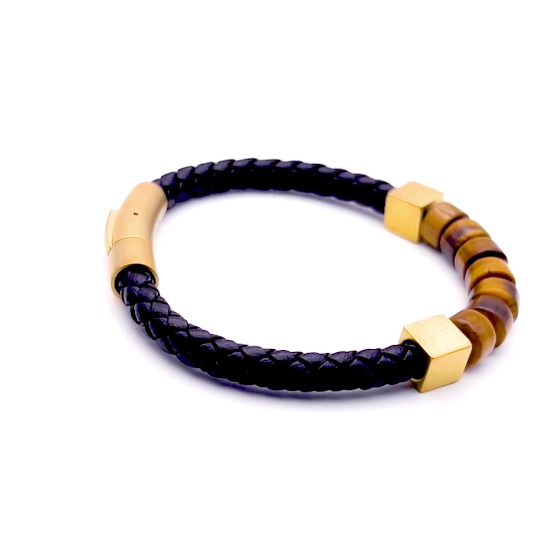 Premium Tiger’s Eye Woven Black Italian Leather & Gold Stainless Steel Cubed Bracelet for Men