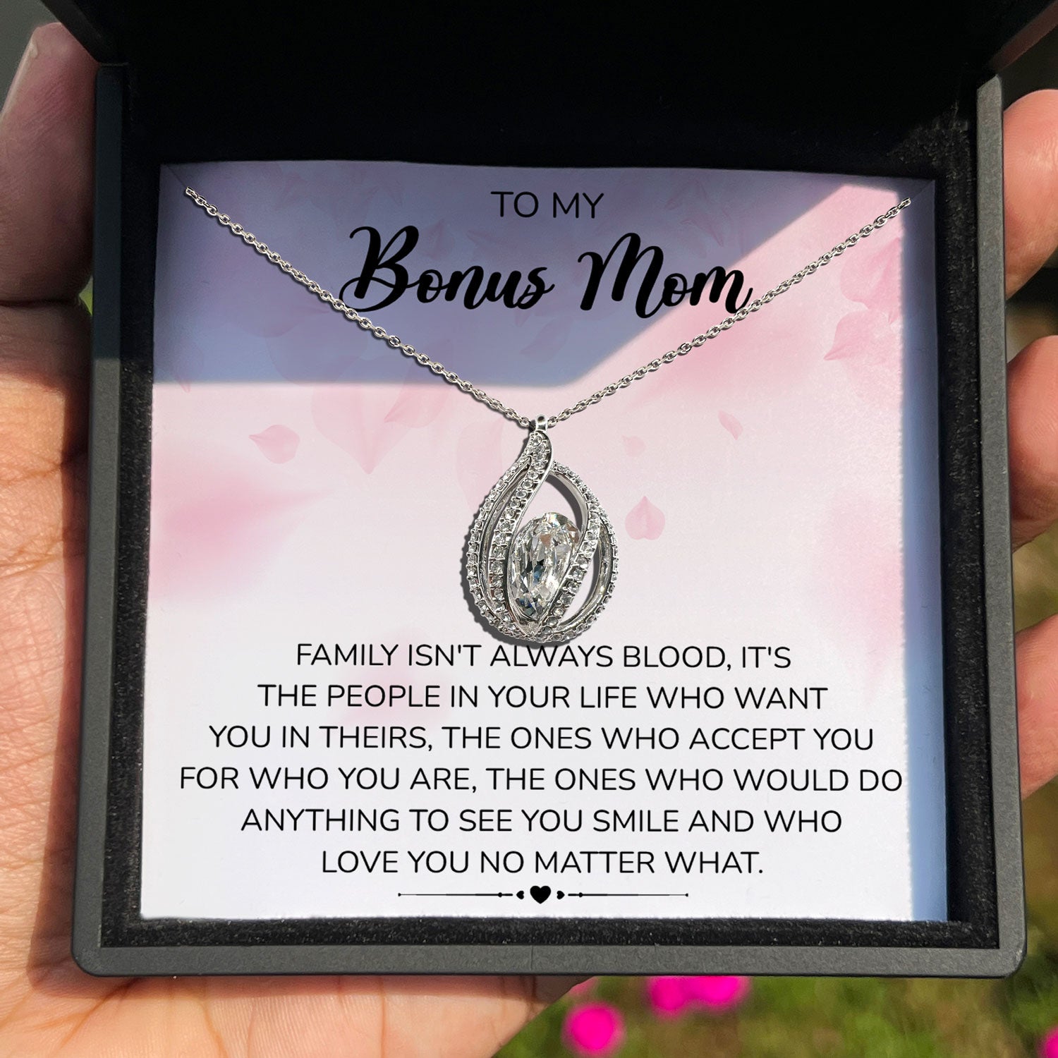 To My Bonus Mom - Family Isn't Always Blood,It's The People In Your Life Who Want You In Theirs - Orbital Birdcage Necklace