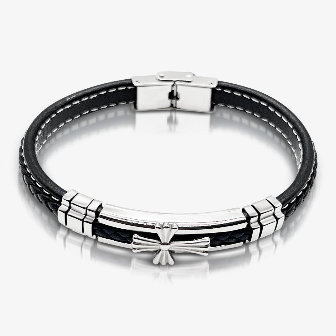 Premium Stainless Steel Celtic Cross Black Italian Leather & White Stitch Bracelet for Men - TRYNDI
