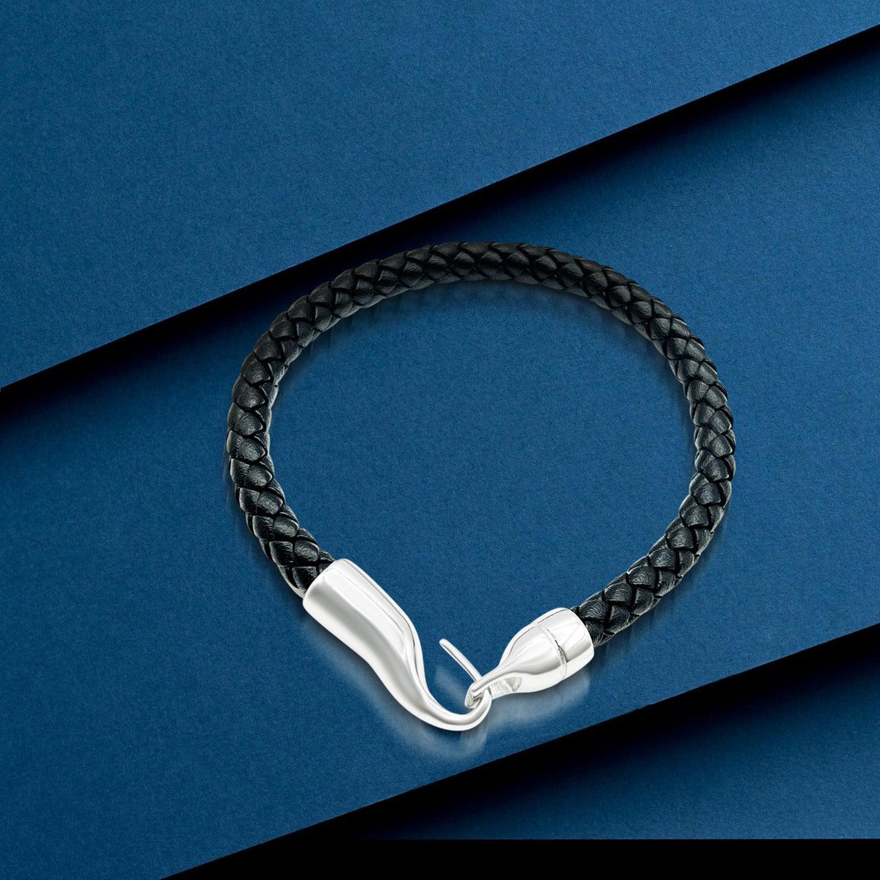 Premium Stainless Steel Hook Black Italian Leather Woven Bracelet for Men - TRYNDI
