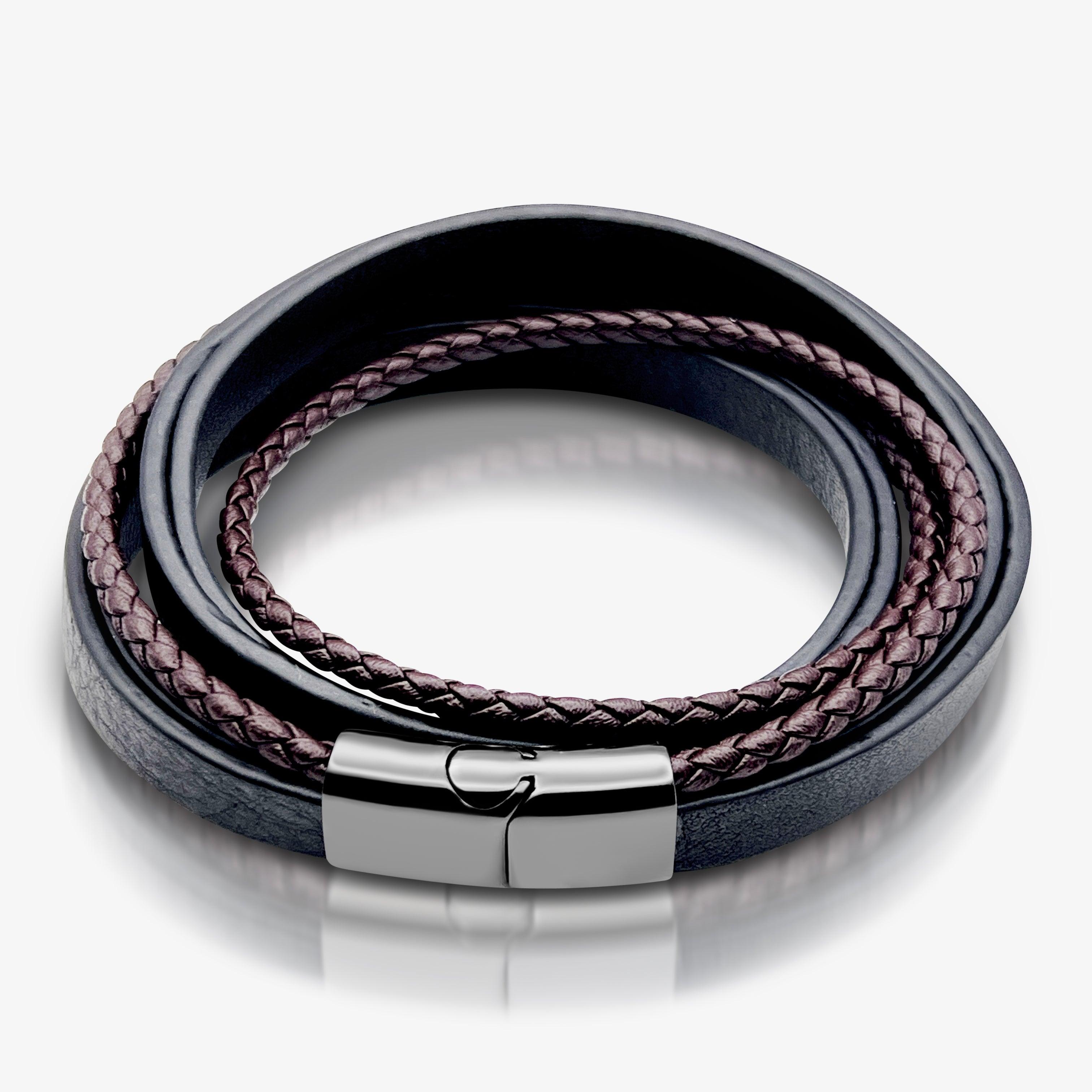 Premium Stainless Steel Italian Leather Braided Two-Tone Layer Bracelet for Men - TRYNDI