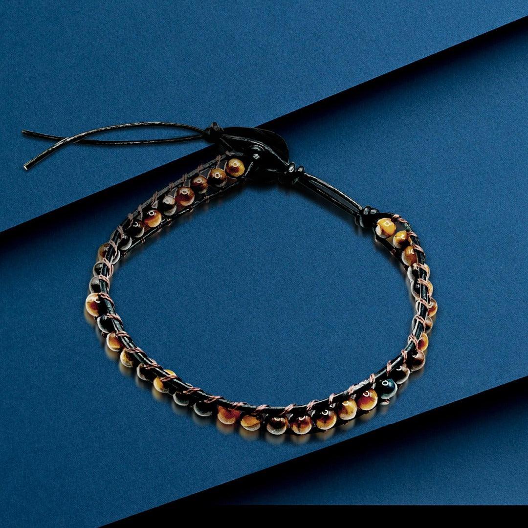 Premium Tiger’s Eye Bead Double Layer Black Italian Leather Adjustable Bracelet for Men - TRYNDI