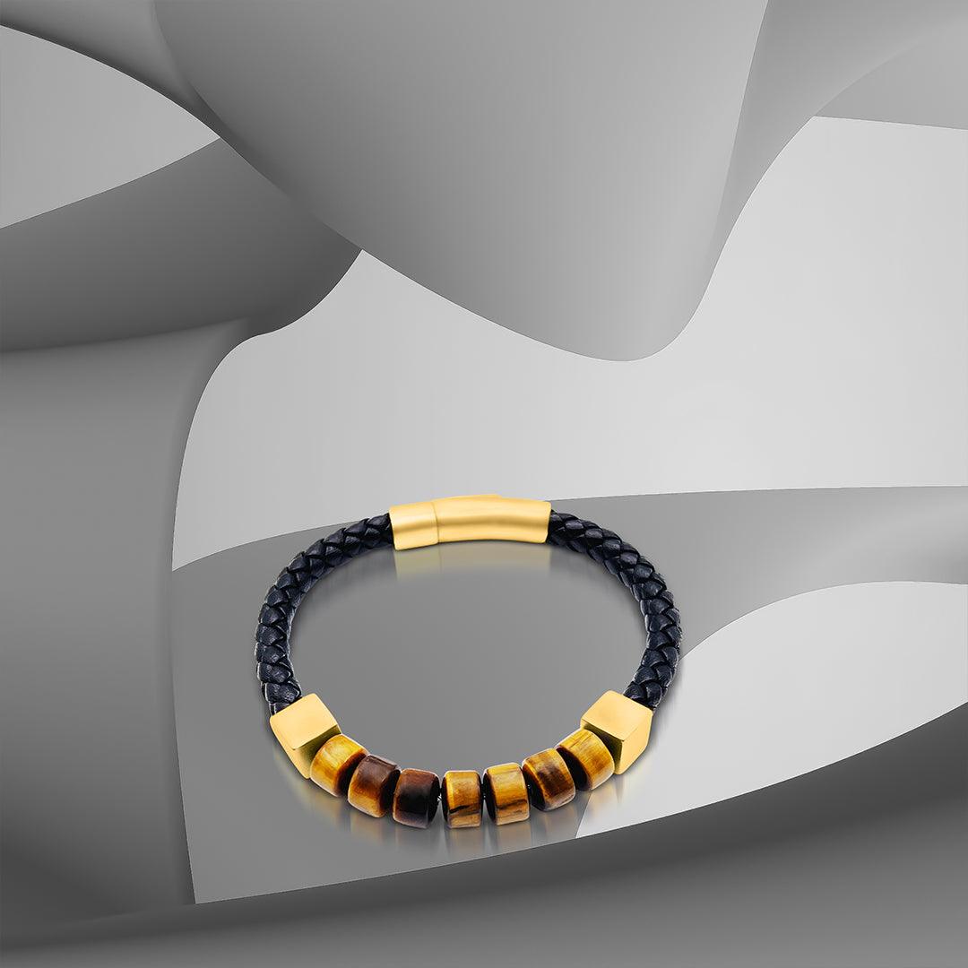 Premium Tiger’s Eye Woven Black Italian Leather & Gold Stainless Steel Cubed Bracelet for Men - TRYNDI