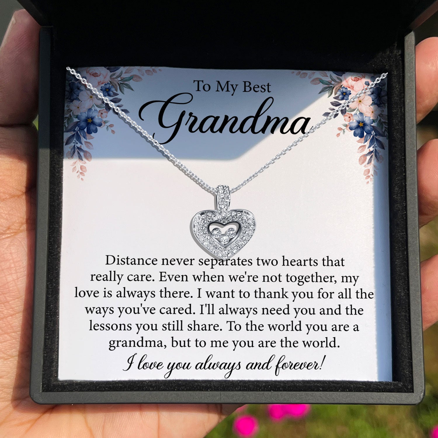 TRYNDI™ To My Best Grandma Floating Heart Necklace With Authentic Swarovski Crystals